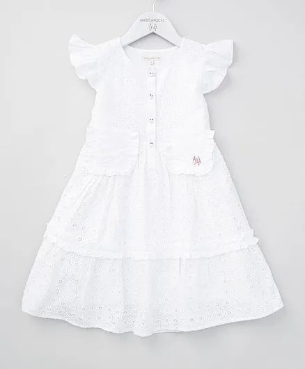Angel & Rocket Short Sleeves Flower Embroidery Tiered Dress - White