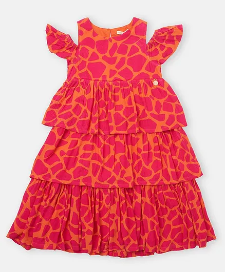 Angel & Rocket Cold Shoulder Half Sleeves Printed Layered Dress - Pink Orange