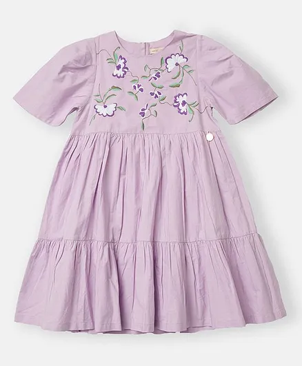 Angel & Rocket Half Sleeves Flower Embroidery Tiered Dress - Purple