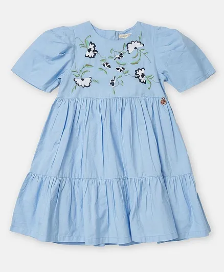 Angel & Rocket Half Sleeves Flower Embroidery Tiered Dress - Blue
