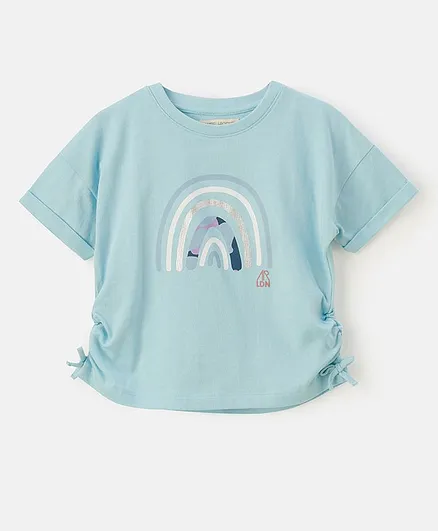 Angel & Rocket Half Sleeves Rainbow Printed Tee - Light Blue