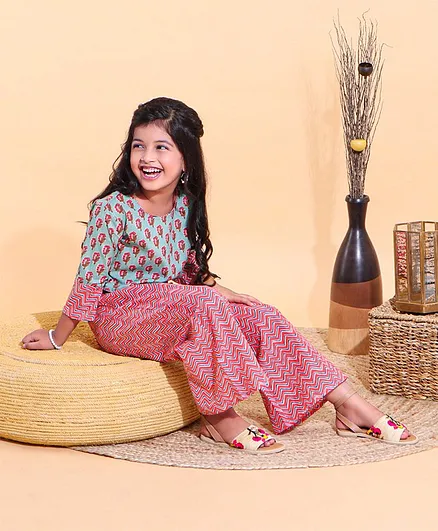 Exclusive from Jaipur Three Fourth Sleeves Top & Chevron Palazzo - Blue Pink