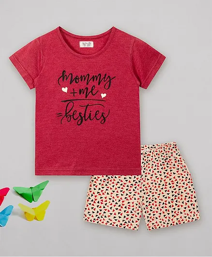 Sheer Love Half Sleeves Mommy + Me Besties Printed Night Suit - Red