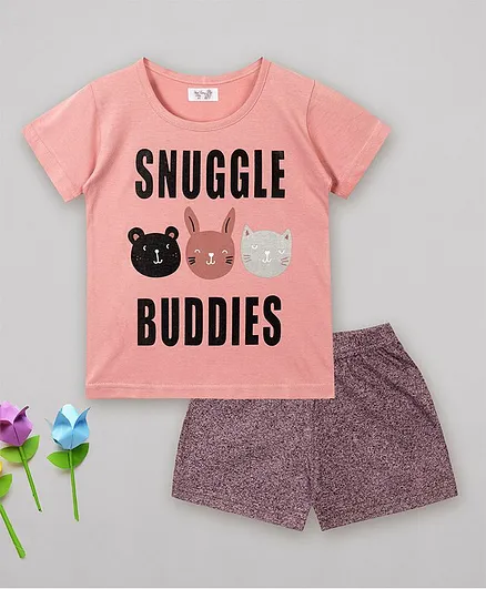 Sheer Love Half Sleeves Snuggle Buddies Printed Night Suit - Pink