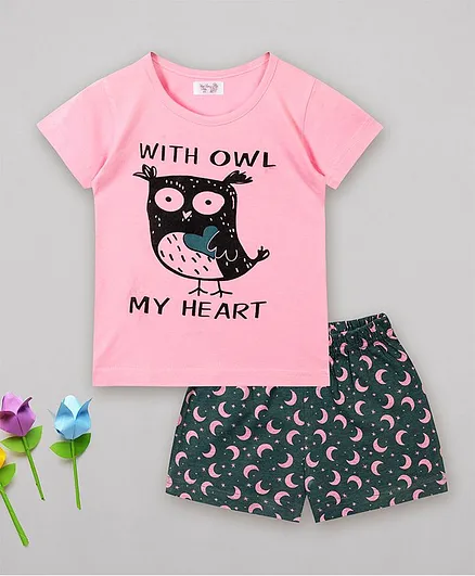 Sheer Love Half Sleeves Owl Printed Night Suit - Pink