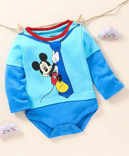 Babyhug Full Sleeves 100% Cotton Onesie Mickey Mouse Print - Blue