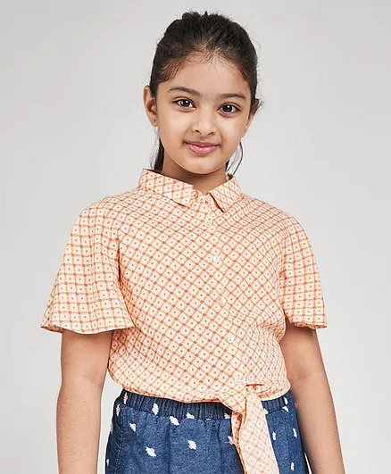 Global Desi Girl Half Sleeves Printed Tie Knot Style Top - Off White