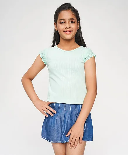 Global Desi Girl Short Sleeves Schiffli Embroidered Top - Mint Green