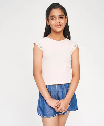Global Desi Girl Short Sleeves Schiffli Embroidered Top - Light Pink