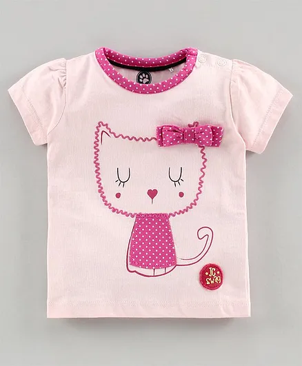 JusCubs Short Sleeves Kitty Emboridery Work Tee - Pink