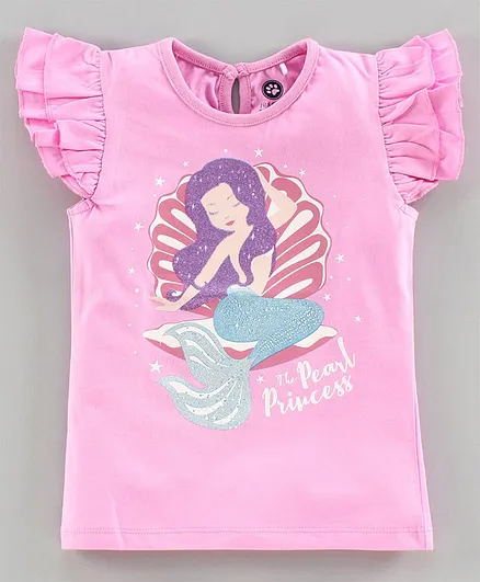 JusCubs Cap Sleeves Pearl Princess Printed Top - Pink