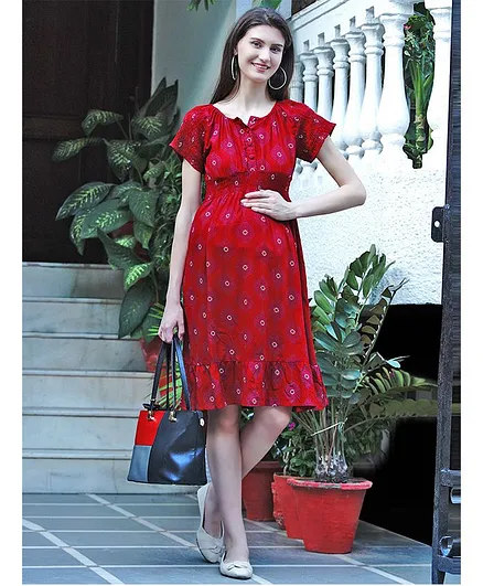 Mine4Nine Half Sleeves Printed Fit & Flare Midi Rayon Maternity & Nursing Dress - Red