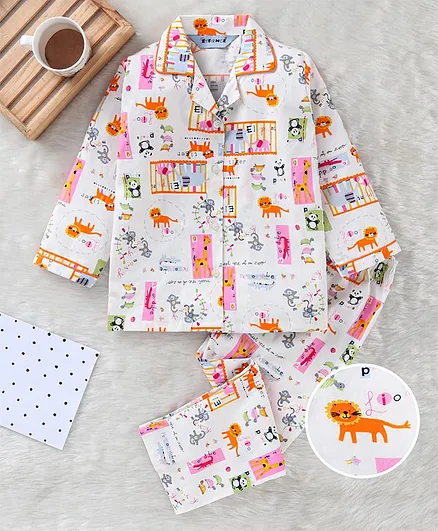 Enfance Core Full Sleeves Zoo Theme Night Suit - Cream
