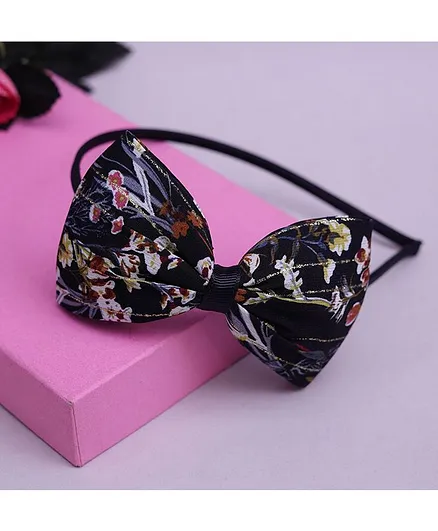 TMW Kids Lure Stripe Floral Printed Big Bow Applique Stylish Party Hair Band - Black
