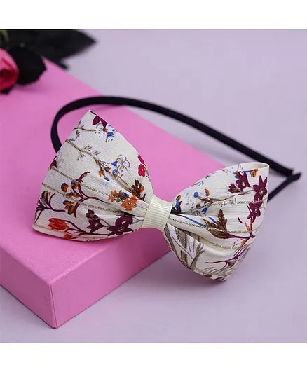 TMW Kids Lure Stripe Floral Printed Big Bow Applique Stylish Party Hair Band - Beige