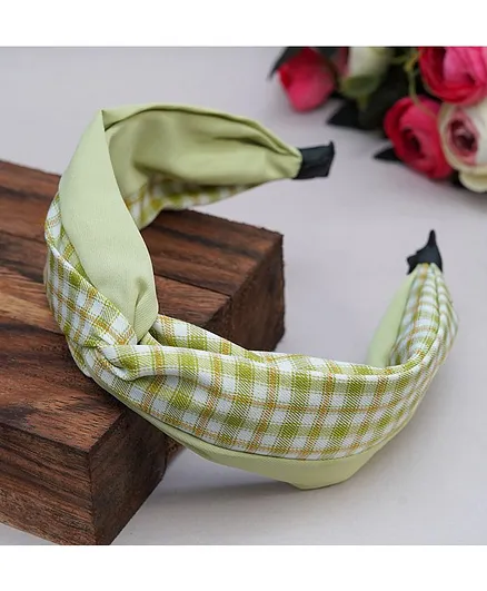 TMW Kids Top Knotted Gingham Checks and Solid Fabric Layered Broad Hair Band - Green