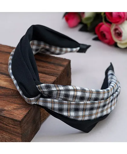 TMW Kids Top Knotted Gingham Checks and Solid Fabric Layered Broad Hair Band - Black