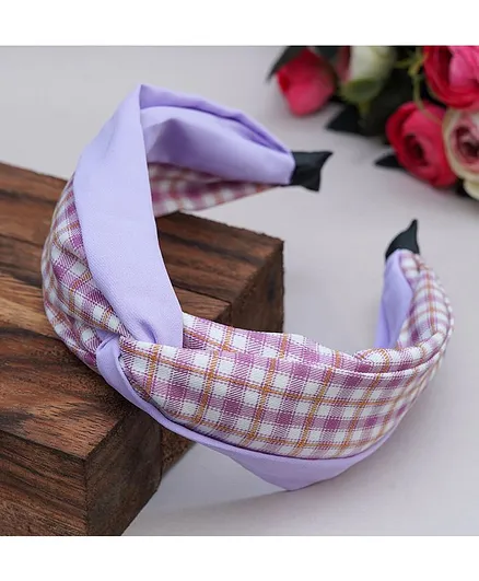 TMW Kids Top Knotted Gingham Checks and Solid Fabric Layered Broad Hair Band - Purple