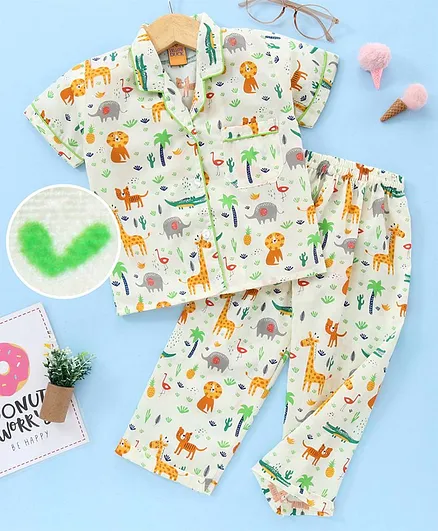 Yellow Duck Half Sleeves Night Suit Animal Print - Lemon