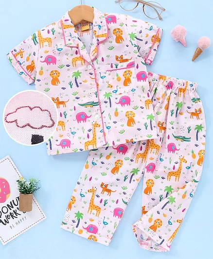 Yellow Duck Half Sleeves Night Suit Animal Print - Pink