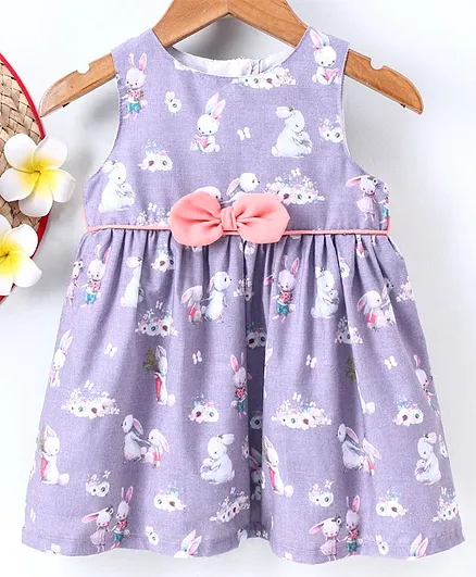 Yellow Duck Sleeveless One Piece Frock Floral Print - Purple
