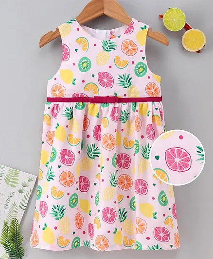 Yellow Duck Sleeveless Frock Fruits Print - Pink