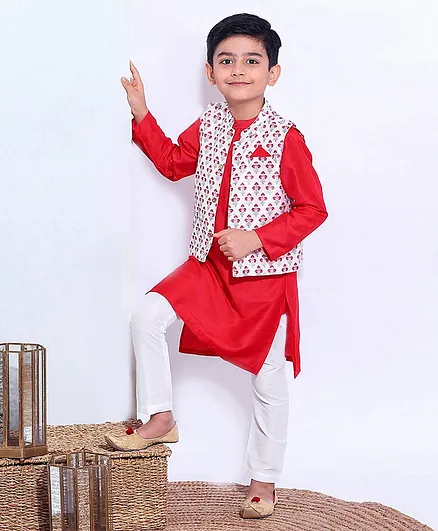 Babyhug Full Sleeves Kurta Pajama & Jacket Set - Red