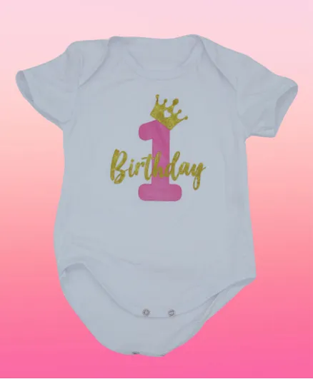 MOMISY Half Sleeves Onesie & Tutu Skirt with Booties & Tiara Birthday Print - White