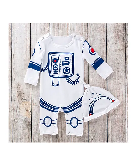MOMISY Full Sleeves Onesie with Cap Astronaut Print - White