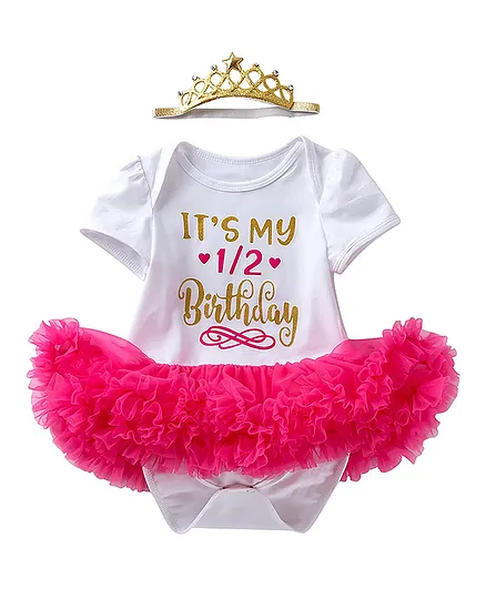 MOMISY Half Sleeves Onesie & Tutu Skirt with Booties & Tiara Birthday Print - Pink
