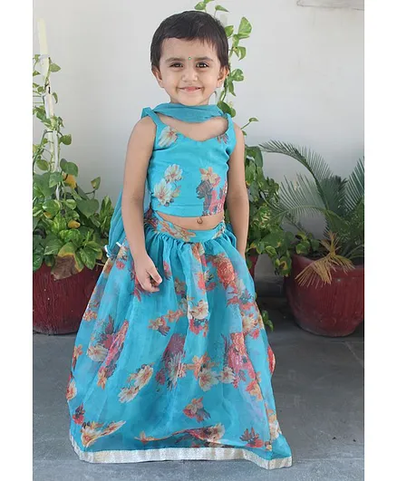 Chopuco Sleeveless Floral Print Choli With Flared Lehenga & Dupatta - Light Blue