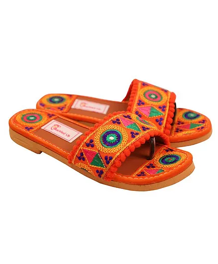 Buckled Up Threadwork Chappal With Work On Upper Sole - Orange