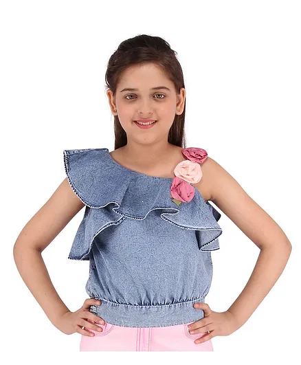 Cutecumber Sleeveless Floral Embellished Top - Blue