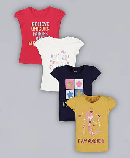 Plum Tree Pack Of 4 Cap Sleeves Mermaid Print Tee - Multi