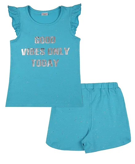 RAINE AND JAINE Cap Sleeves Text Print Night Suit - Blue