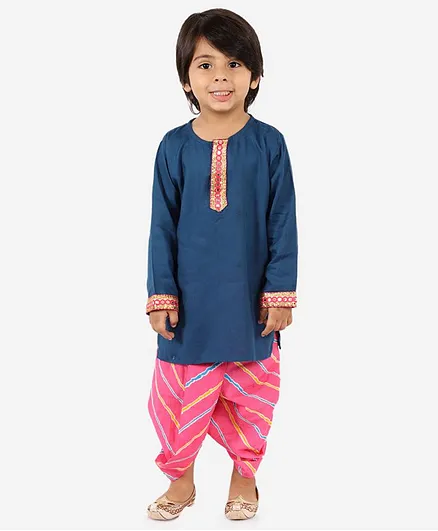 KID1 Full Sleeves Kurta With Leheriya Print Dhoti - Navy Blue