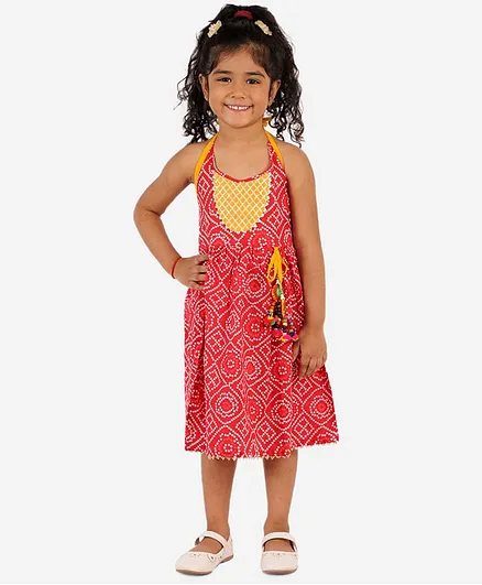 KID1 Sleeveless Bandhani Print Dress - Red