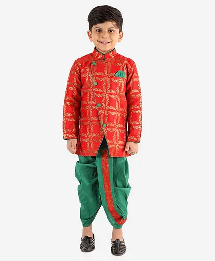 KID1 Full Sleeves Jacquard Sherwani & Dhoti Set - Red & Green