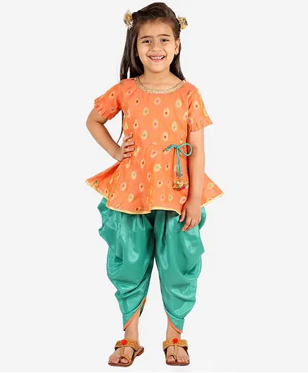 KID1 Half Sleeves Butti Print Peplum Kurta & Dhoti Set - Peach