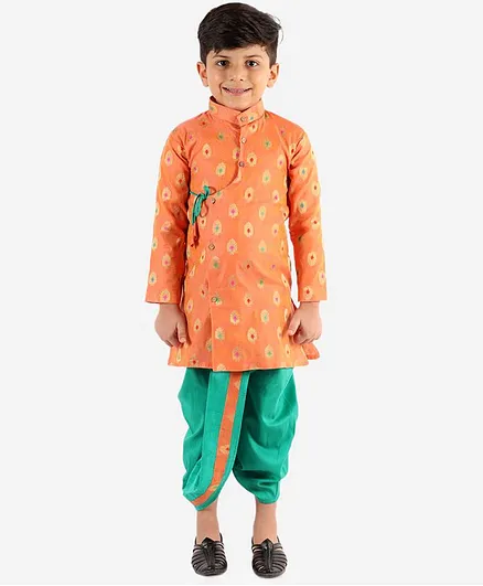 KID1 Boys Full Sleeves Butti Print Angrakha Kurta & Dhoti Set - Peach