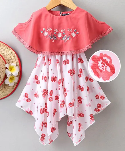Enfance Core Half Sleeves Embroidery & Flower Printed Poncho Dress - Peach