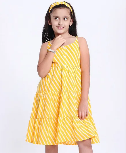 Pine Kids Sleeveless Printed Ethnic Dress with Hairband - Yellow