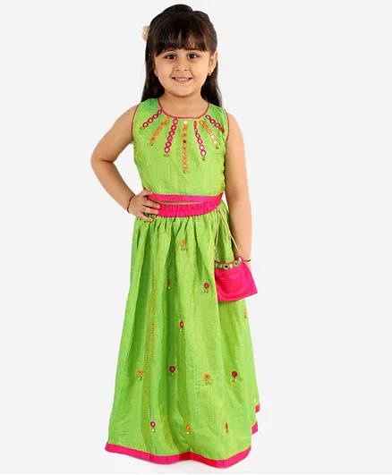 KID1 Sleeveless Mirror Work Choli With Lehenga - Green