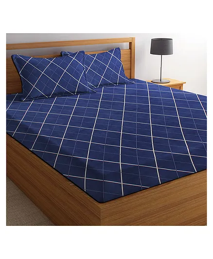 BSB Home Glace Cotton Double Bedsheet with 2 Pillow Cover - White Blue