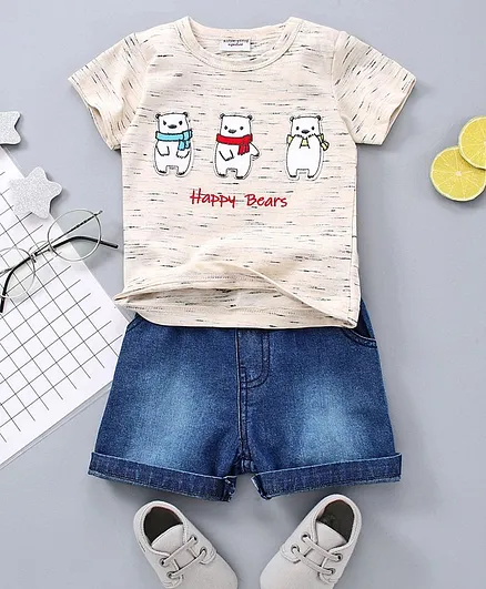 Wonderchild Happy Bear Half Sleeves Tee With Shorts - Beige