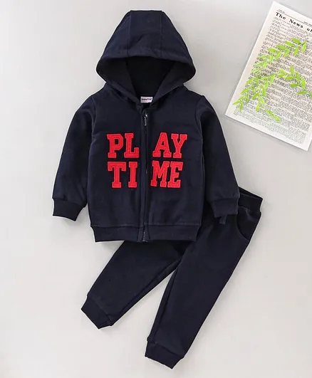 Babyhug Full Sleeves T-Shirt & Lounge Pant Set Text Print - Navy