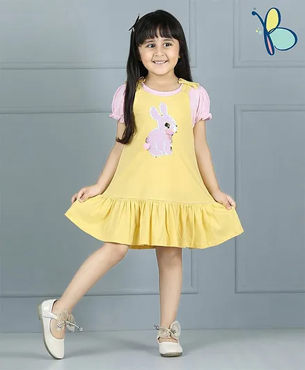 Hola Bonita Puff Sleeves Frock Reversible Sequinned Bunny Detailing - Yellow Pink