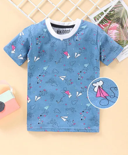 Rikidoos Half Sleeves Paper Planes Printed Tee - Blue