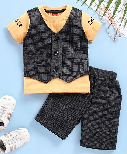 Jb Club Short Sleeves Text Print Waistcoat Attached Tee With Shorts - Yellow