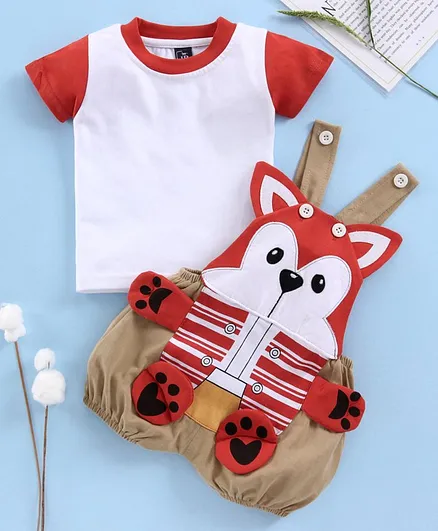 Jb Club Half Sleeves Tee With Animal Patch Dungaree - Brown
